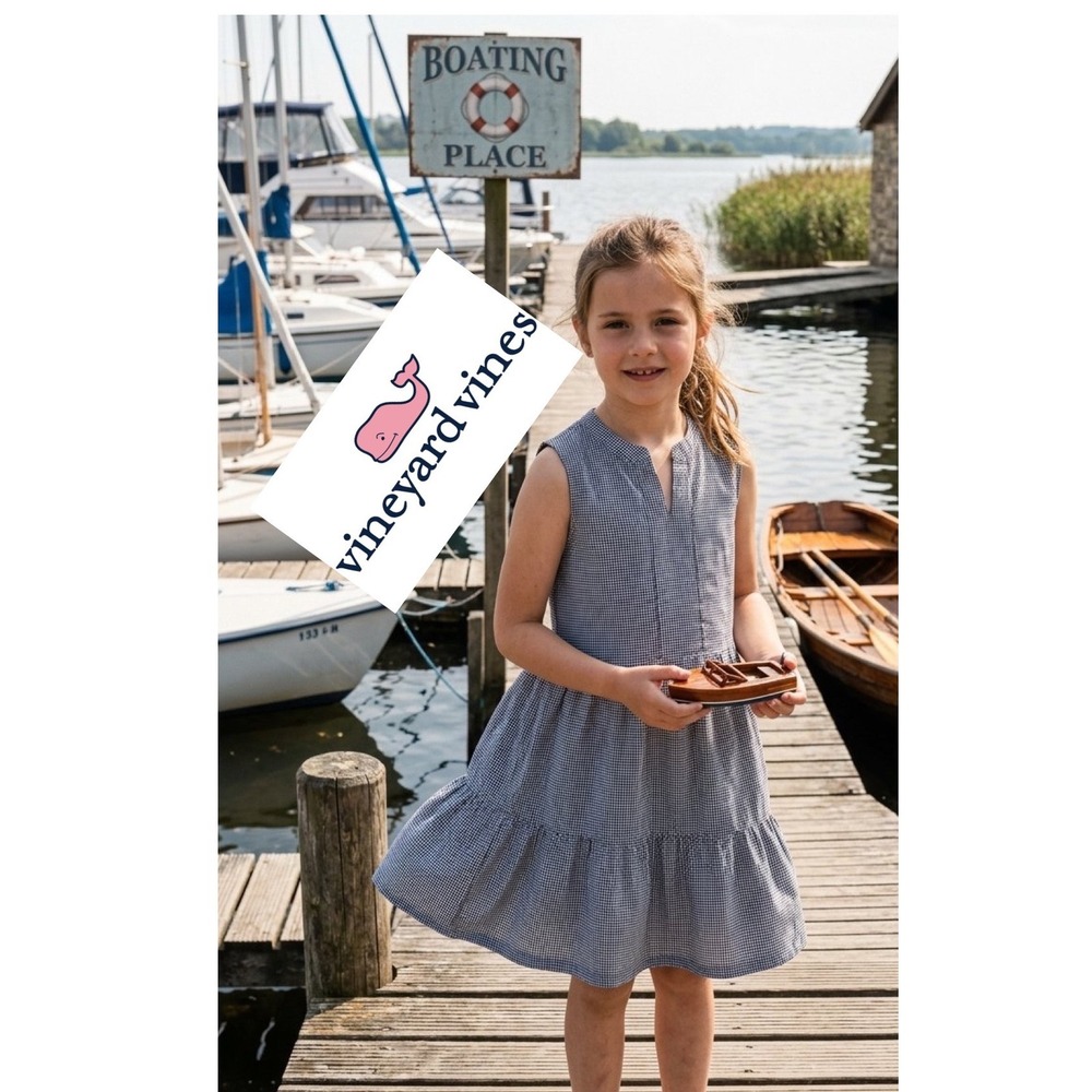 Vineyard Vines Girls Performance Gingham Tiered Dress Navy White Size M 8-10